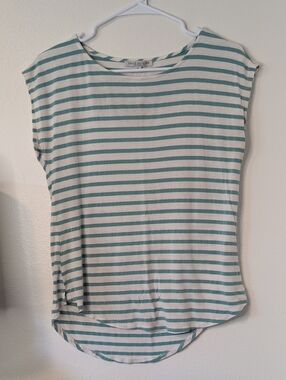 Green Envelope Women's Striped Crewneck Tee in Teal and White